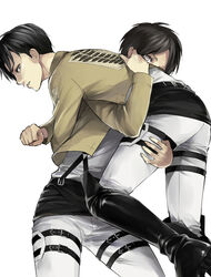  2boys black_eyes black_hair boots carrying carrying_over_shoulder commentary_request emblem eren_yeager jacket levi_(shingeki_no_kyojin) multiple_boys paradis_military_uniform shingeki_no_kyojin shiromi_(ringo) short_hair simple_background survey_corps_(emblem) three-dimensional_maneuver_gear white_background 