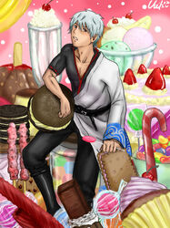  1boy bad_id bad_pixiv_id blue_hair boots bottle cake candy food fruit gintama hakuno_shigeru male_focus open_clothes open_shirt photoshop_(medium) polka_dot red_eyes sakata_gintoki shirt sitting solo strawberry sweets white_hair 