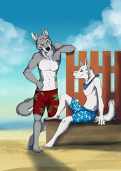  abs anthro beach canid canine canis clothing cloud detailed_background duo esquitax feet hi_res kerchief leucistic male mammal neckerchief niharo outside paws plantigrade romantic romantic_couple sand seaside shane_(copyright) shane_(shane) sky swimming_trunks swimwear toes water wolf 