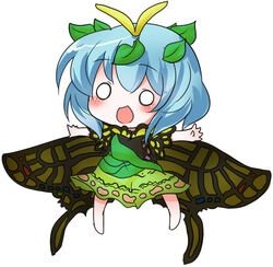  :d antennae bare_arms blue_hair blush butterfly_wings buuwa commentary_request dress eternity_larva eyebrows fairy female full_body green_dress hair_between_eyes hair_ornament insect_wings leaf leaf_hair_ornament legs_apart o_o open_mouth outstretched_arms short_hair short_sleeves simple_background smile solo spread_arms touhou white_background wings 