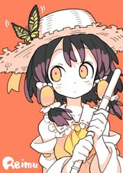  ascot bamboo_broom blush_stickers broom bug butterfly butterfly_on_hat butterfly_on_head character_name commentary detached_sleeves dot_nose female fingernails hair_tubes hakurei_reimu hat looking_up medium_hair morino_hon orange_background solo straw_hat touhou upper_body yellow_butterfly yellow_eyes 