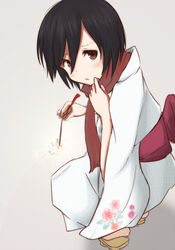  black_hair blush bow brown_eyes commentary_request female fireworks flower full_body geta grey_background japanese_clothes kimono long_sleeves mikasa_ackerman partial_commentary peanuts_(ennuim) sash scarf senkou_hanabi shadow shingeki_no_kyojin short_hair solo sparkler squatting swept_bangs yukata 