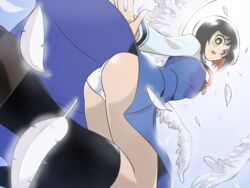  black_hair black_socks commentary_request feathers female flustered from_below kneehighs m_o_(prftz) panties pantyshot perspective samon-kun_wa_summoner short_hair socks solo teshigawara_sakura underwear upskirt yellow_eyes 