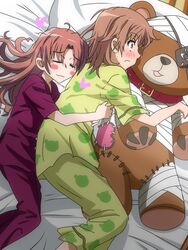  2girls animal_print bandages blush_stickers brown_eyes brown_hair commentary_request eyepatch frog_print gekota green_pajamas highres hug karuta_(karuta01) kill_bear long_hair misaka_mikoto multicolored_clothes multicolored_pajamas multiple_girls pajamas print_pajamas shirai_kuroko stuffed_animal stuffed_toy teddy_bear toaru_kagaku_no_railgun toaru_majutsu_no_index twintails 