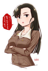  absurdres artist_name asymmetrical_bangs brown_eyes brown_hair brown_jacket check_translation chi-hatan_military_uniform commentary_request cropped_torso crossed_arms female girls_und_panzer glaring highres jacket long_hair long_sleeves looking_at_viewer military military_uniform nishi_kinuyo parted_lips signature simple_background solo standing takuji_yuusaku translation_request uniform upper_body white_background 