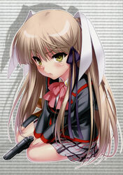  absurdres black_jacket black_ribbon black_socks blush brown_footwear company_connection cosplay drop_shadow eyelashes eyes_visible_through_hair female frown gun hair_between_eyes hair_ribbon highres holding holding_gun holding_weapon jacket key_(company) light_brown_hair little_busters! little_busters!_school_uniform long_hair long_sleeves looking_at_viewer miniskirt own_hands_together parted_lips pink_ribbon plaid plaid_skirt pleated_skirt rewrite ribbon scanlines school_uniform senri_akane shirt sidelocks simple_background sitting skirt socks solo straight_hair sweatdrop tokido_saya tokido_saya_(cosplay) two_side_up upturned_eyes v-shaped_eyebrows very_long_hair weapon white_background white_ribbon white_shirt yellow_eyes yokozuwari zen_(kamuro) 