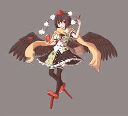  black_hair black_thighhighs black_wings commentary_request feathered_wings female hat highres holding kaminendo looking_at_viewer notepad parted_lips pen pom_pom_(clothes) red_eyes scarf shameimaru_aya short_hair simple_background solo thighhighs tokin_hat touhou wings 