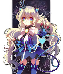  athria blue_eyes blue_legwear blue_sleeves commentary_request crown demon_girl demon_horns demon_power_(elsword) demon_tail detached_sleeves elsword female holding holding_own_hair horns luciela_r._sourcream ribbon simple_background smile solo star-shaped_pupils star_(symbol) symbol-shaped_pupils tail white_hair 