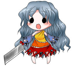  :d bare_legs bare_shoulders blush buuwa chibi cleaver commentary_request detached_sleeves diamond_(shape) dress eyebrows female frilled_dress frills full_body grey_hair holding legs_apart long_hair long_sleeves multicolored_clothes multicolored_dress open_mouth orange_dress red_dress sakata_nemuno simple_background single_strap smile solid_circle_eyes solo standing touhou wavy_hair white_background wide_sleeves yellow_dress 