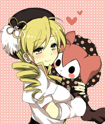  bad_id bad_pixiv_id beret blonde_hair blush charlotte_(madoka_magica) drill_hair female fingerless_gloves gloves hat heart hug light_smile magical_girl mahou_shoujo_madoka_magica mahou_shoujo_madoka_magica_(anime) mitsu_yomogi tomoe_mami tomoe_mami_(magical_girl) upper_body yellow_eyes 