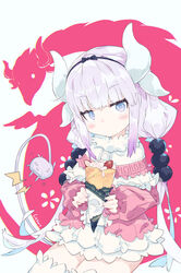  artist_name beads blue_eyes blush bow capelet commentary crepe dragon dragon_girl dragon_horns dual_persona electric_plug electric_plug_tail female food fruit gradient_hair hair_beads hair_ornament hairband highres holding holding_food horns kanna_kamui kanna_kamui_(dragon)_(maidragon) kobayashi-san_chi_no_maidragon lightning_bolt_symbol litsvn lolicon long_hair long_sleeves looking_at_viewer low_twintails multicolored_hair photoshop_(medium) sitting solo tail thighhighs twintails white_thighhighs zettai_ryouiki 