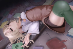  absurdres blonde_hair book commentary_request female green_thighhighs highres ithea_myse_valgulious long_hair lying mukade_(siieregannsu) on_back red_eyes shuumatsu_nani_shitemasu_ka? solo thighhighs thighs 