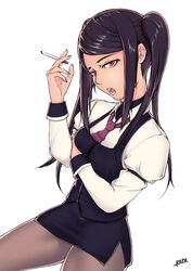  black_hair cigarette commentary_request female highres jill_stingray long_hair long_sleeves looking_at_viewer open_mouth pantyhose pencil_skirt ponytail puffy_long_sleeves puffy_sleeves purple_skirt purple_vest puru_(manatsu) red_eyes simple_background skirt smoke smoking solo teeth tongue va-11_hall-a vest white_background wing_collar 