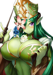  animal armadel_(p&amp;d) bird blush breasts chinese_commentary cleavage colored_skin commentary_request covered_nipples creature female flower flower_over_eye green_hair green_skin green_theme hair_flower hair_ornament hair_over_one_eye hat holding huge_breasts ion_(cation) long_hair monster_girl one_eye_covered photoshop_(medium) plant_girl pointy_ears purple_eyes puzzle_&amp;_dragons simple_background smile solo white_background 