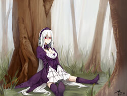  breasts dress female gothic_lolita hairband highres lolita_fashion long_hair nature orokanahime red_eyes rozen_maiden sitting solo suigintou tree very_long_hair white_hair 