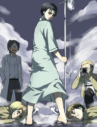  4boys auruo_bossard bad_id bad_pixiv_id black_eyes black_hair camera erwin_smith female hange_zoe hospital_gown intravenous_drip iv_stand levi_(shingeki_no_kyojin) multiple_boys petra_ral shingeki_no_kyojin shiromi_(ringo) 