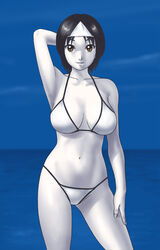  armpits bad_id bad_pixiv_id bikini black_hair breasts brown_eyes female large_breasts navel original pale_skin short_hair shun_(greendragon) solo swimsuit triangular_headpiece 