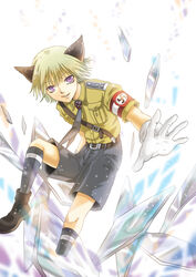  1boy ahiru_no_tamago animal_ears belt black_socks blonde_hair boots cat_ears commentary_request gloves grey_shorts hellsing kneehighs male_focus nazi necktie photoshop_(medium) purple_eyes sam_browne_belt schroedinger_(hellsing) shorts socks solo swastika 