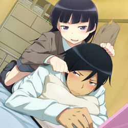  1boy bed black_eyes black_hair blazer blush commentary couple female gokou_ruri hand_on_another&#039;s_head jacket kanna_asuke kousaka_kyousuke long_sleeves lying mole mole_under_eye official_style on_stomach ore_no_imouto_ga_konna_ni_kawaii_wake_ga_nai paw_pose school_uniform smile straddling straight 