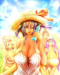  2boys 3girls age_difference blue_eyes bottle breasts curvy dress family flower gigantic_breasts glasses hair_intakes hat highres huge_breasts icicle lolicon long_breasts long_hair looking_at_viewer milf mother_and_daughter multiple_boys multiple_girls no_bra open_mouth original outdoors popsicle purple_hair red_eyes short_hair smile standing summer sundress sunflower tsukasawa_takamatsu tsukazawa water_bottle wink 