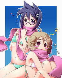  2girls bikini black_hair blush_stickers brown_hair commentary_request ezaki_hitomi glasses highres multiple_girls nekono_matatabi photoshop_(medium) purple_eyes saki_(manga) saki_achiga-hen scarf swimsuit yasukouchi_yoshiko 