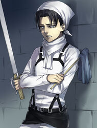  1boy black_eyes black_hair commentary_request curtained_hair head_scarf levi_(shingeki_no_kyojin) male_focus rag scarf shingeki_no_kyojin shiromi_(ringo) solo sword three-dimensional_maneuver_gear weapon 