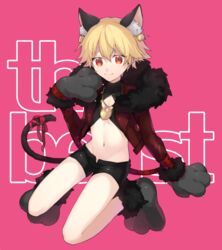  animal_ear_fluff animal_ears bare_legs black_shorts blonde_hair cat_ears cat_paws cat_tail catboy child_gilgamesh citron_82 commentary_request fate/hollow_ataraxia fate/stay_night fate_(series) full_body fur_trim gilgamesh gloves groin lolicon looking_at_viewer male_focus midriff navel open_clothes open_fly open_shorts paw_boots paw_gloves paw_shoes paws pink_background red_eyes ribbon shoes short_shorts shorts simple_background smile solo stomach tail tail_ribbon younger 