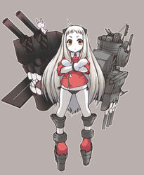  :&lt; abyssal_ship black_panties brown_eyes cannon colored_skin commentary_request cosplay crossed_arms female full_body horns japanese_clothes kantai_collection kariginu long_hair machinery magatama mittens nikubanare no_pants northern_ocean_princess panties photoshop_(medium) platform_footwear ryuujou_(kancolle) ryuujou_(kancolle)_(cosplay) side-tie_panties solo underwear white_hair white_skin 