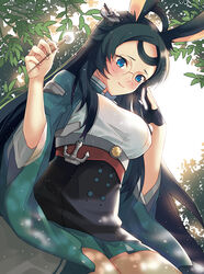  animal_ears azur_lane black_hair blue_eyes blush breasts commentary_request day female glasses hair_ornament headband holding long_hair medium_breasts mimikaki mysterymiharu outdoors photoshop_(medium) rabbit_ears seiza sitting smile solo souryuu_(azur_lane) sunlight tree wide_sleeves 