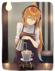  apron aqua_eyes bad_id bad_pixiv_id black_apron black_ribbon blue_hair blurry blurry_background border breasts closed_mouth coffee coffee_filter collared_shirt commentary cup dabuki depth_of_field female girls&#039;_frontline gradient_hair hair_ribbon half-closed_eyes high_ponytail highres holding indoors jug_(bottle) light_bulb long_hair looking_away looking_down medium_breasts multicolored_hair orange_hair pink_lips ribbon shirt sleeves_rolled_up smile solo springfield_(girls&#039;_frontline) steam straight_hair table upper_body very_long_hair water white_border white_shirt wing_collar 