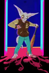  anthro baseball_bat bat_(object) better_version_at_source blood blood_on_face blood_on_hand bodily_fluids bottomwear clothed clothing cosplay footwear fully_clothed fur grey_body grey_fur gutsout_(artist) hi_res holding_object hotline_miami jacket jacket_(hotline_miami) letterman_jacket long_ears male meepo_the_geomancer pants shoes solo standing topwear traditional_media_(artwork) 