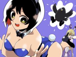  2girls animal_ears bare_shoulders bird black_hair blonde_hair blue_background bow bowtie breasts bushyasta_(samon-kun) caim_(samon-kun) cleavage commentary_request flustered high_heels m_o_(prftz) multiple_girls open_mouth playboy_bunny rabbit_ears samon-kun_wa_summoner short_hair simple_background sleeping teshigawara_sakura yellow_eyes 