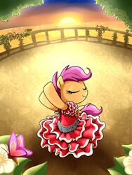  3:4 arthropod balcony butterfly clothing dress equid equine feathered_wings feathers female feral flower friendship_is_magic hair hasbro hi_res insect_wings insects lepidopteran lepidopteran_wings madmax mammal my_little_pony mythological_creature mythological_equine mythology orange_body orange_feathers pegasus pink_hair plant scootaloo_(mlp) solo sunset tail wings young young_female young_feral 