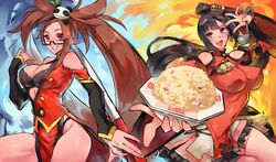  2girls arc_system_works bare_shoulders bespectacled black-framed_eyewear black_hair blazblue blush bowl breasts brown_eyes brown_hair cleavage commentary commission company_connection cosplay costume_switch detached_sleeves dress english_commentary food fried_rice glasses guilty_gear hair_ornament hair_rings highleg highres impossible_clothes impossible_dress kenshin187 kuradoberi_jam kuradoberi_jam_(cosplay) ladle large_breasts litchi_faye_ling litchi_faye_ling_(cosplay) miniskirt multiple_girls panda_hair_ornament purple_eyes red_dress semi-rimless_eyewear side_slit skirt under-rim_eyewear 