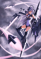  absurdres armor arnval_mk2_tempesta bare_shoulders blurry body_parts breasts busou_shinki cleavage closed_mouth cloud doll_joints elbow_gloves expressionless eyebrows female flying full_body gloves gun hands headgear heaven highres holding holding_sword holding_weapon joints knee_up leg_up leotard light_purple_hair long_hair looking_down machinery mecha_musume mechanical_arms mechanical_legs mechanical_parts mechanical_wings medium_breasts missile navel nose photoshop_(medium) purple_hair purple_leotard red_eyes screw shiny simple_background smoke_trail solo sword tkfkid very_long_hair weapon wings 