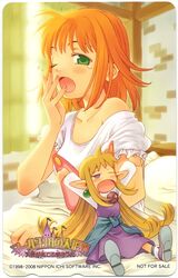  2girls blonde_hair cornet_espoir earrings fairy green_eyes jewelry kururu_(rhapsody) long_hair marl_kingdom maruyama_kaoru messy_hair morning multiple_girls nippon_ichi open_mouth pajamas purple_eyes red_hair rhapsody short_hair waking_up wings yawning 