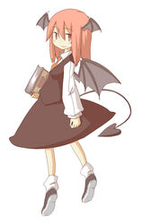  book commentary_request demon_tail demon_wings female highres holding holding_book kaminendo koakuma long_hair looking_at_viewer necktie red_eyes red_hair simple_background smile solo tail touhou white_background wings 