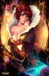  bare_shoulders blue_eyes breasts cleavage curly_hair eyebrows feather_collar female head_tilt high_collar holding holding_weapon jacket lips looking_at_viewer medium_breasts medium_hair no_bra off_shoulder parted_lips photoshop_(medium) red_(transistor) red_hair revision short_hair solo the_transistor transistor_(game) tsuaii watermark weapon web_address 