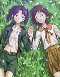  2girls amasawa_yuuko blue_eyes blue_hair brown_hair commentary_request dennou_coil eye_contact flower glasses grass holding_hands ifuji_shinsen interlocked_fingers jacket long_sleeves looking_at_another lying midriff miniskirt multiple_girls navel okonogi_yuuko on_back open_clothes open_jacket pencil_skirt photoshop_(medium) pleated_skirt school_uniform serafuku short_hair shorts skirt twintails 