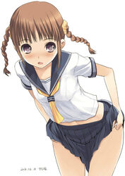  bad_id bad_twitter_id blush braid brown_hair commentary_request copyright_request female inactive_account kiya_shii leaning_forward open_mouth panties panty_pull purple_eyes school_uniform serafuku solo twin_braids underwear undressing 