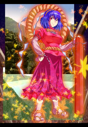  aura breasts commentary_request female glowing hair_ornament hairband hand_on_own_hip large_breasts leaf letterboxed long_skirt mountain onbashira purple_hair red_eyes rope sandals shimenawa short_hair skirt smile solo tabi touhou wrwr yasaka_kanako 