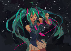  aqua_hair closed_eyes commentary dated female flyleaf hatsune_miku long_hair microphone music necktie photoshop_(medium) signature singing solo vocaloid 