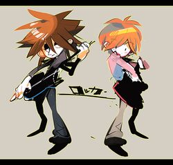  2boys blue_eyes blush brown_hair commentary_request guitar instrument letterboxed motojima_hakka multiple_boys music orange_hair playing_instrument rhythm_tengoku rhythm_tengoku_gold rockers_(rhythm_tengoku) short_hair simple_background standing 