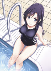  arm_support blue_eyes commentary_request female from_above harem_suiei-bu korisei long_hair looking_up one-piece_swimsuit pool pool_ladder poolside purple_hair ripples school_swimsuit sitting smile soaking_feet solo swimsuit tile_floor tiles uchida_miku water wet 