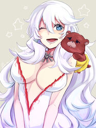  artemis_(fate/grand_order) bare_shoulders bear blue_eyes blush breasts cleavage dress fate/grand_order fate_(series) female large_breasts looking_at_viewer one_eye_closed open_mouth orion_(fate/grand_order) smile solo star very_long_hair white_hair wink 