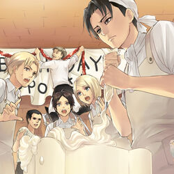  4boys alternate_eye_color apron ascot auruo_bossard birthday_cake black_eyes black_hair cake commentary_request erd_gin eren_yeager female food gunter_shulz head_scarf levi_(shingeki_no_kyojin) multiple_boys petra_ral shingeki_no_kyojin shiromi_(ringo) 