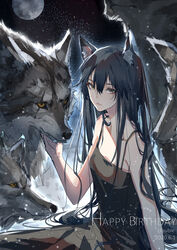  absurdres alternate_costume animal_ear_fluff animal_ears arknights artist_name black_camisole black_hair breasts camisole closed_mouth clouble commentary dated english_commentary expressionless female full_moon happy_birthday highres lips long_hair looking_at_viewer mixed-language_commentary moon night night_sky outdoors sky sleeveless small_breasts spaghetti_strap star_(sky) starry_sky straight_hair tail texas_(arknights) wolf wolf_ears wolf_tail yellow_eyes 