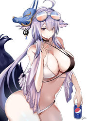  absurdres ahoge azur_lane bare_shoulders bikini bow breasts brown_eyes chinese_commentary cleavage collarbone commentary eyewear_on_head female hairbow highres large_breasts long_hair looking_at_viewer mask navel official_alternate_costume pepsi purple_hair she_taizi solo stomach sunglasses swimsuit tosa_(azur_lane) tosa_(hometown_zest)_(azur_lane) white_background white_bikini 