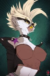  anthro avian bandage_on_beak bandaid_on_face big_breasts bird breasts clothing collar exposure_variation eyebrow_piercing eyebrow_ring facial_piercing female hi_res jacket joy_(shammy) kaislair mohawk nipple_outline owl piercing ring_piercing solo spiked_collar spikes tattoo topwear 