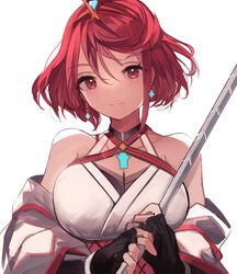  absurdres alternate_costume bob_cut breasts chest_jewel cleavage commentary core_crystal_(xenoblade) cosplay criss-cross_halter drop_earrings earrings female glimmer_(xenoblade) glimmer_(xenoblade)_(cosplay) halterneck highres japanese_clothes jewelry kimono large_breasts off_shoulder pyra_(xenoblade) red_eyes red_hair short_hair solo swept_bangs tarbo_(exxxpiation) tiara white_kimono xenoblade_chronicles_(series) xenoblade_chronicles_2 xenoblade_chronicles_3 xenoblade_chronicles_3:_future_redeemed 